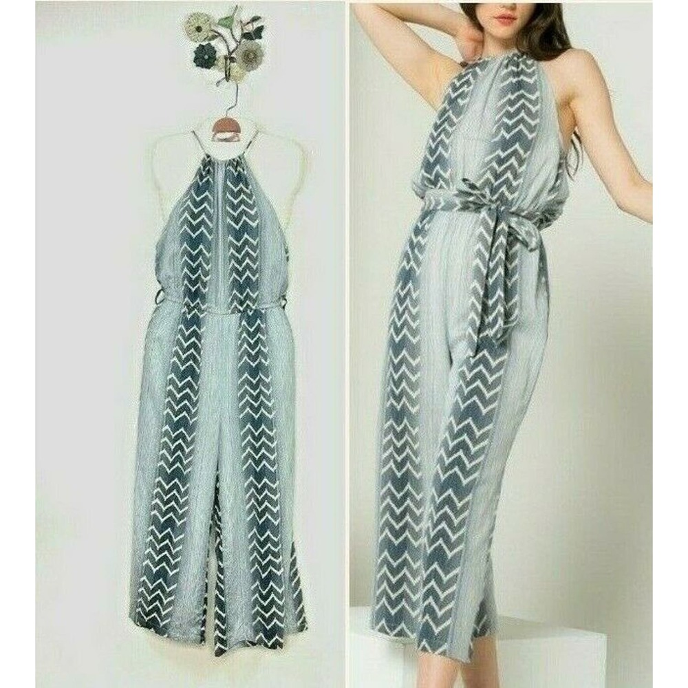 THML Wide Leg Halter Neck Jumpsuit Romper Sleeveless Striped Size Medium Blue